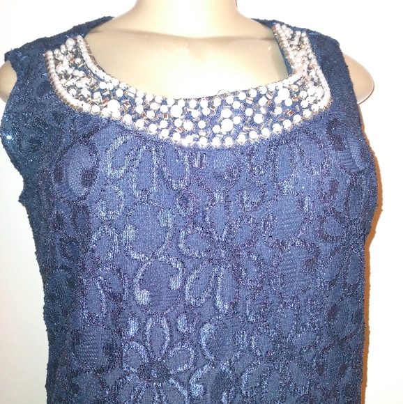 R&M Collection. New navy blue laced lined dress with tiny sparkles. Size: 8 - Picture 4 of 10